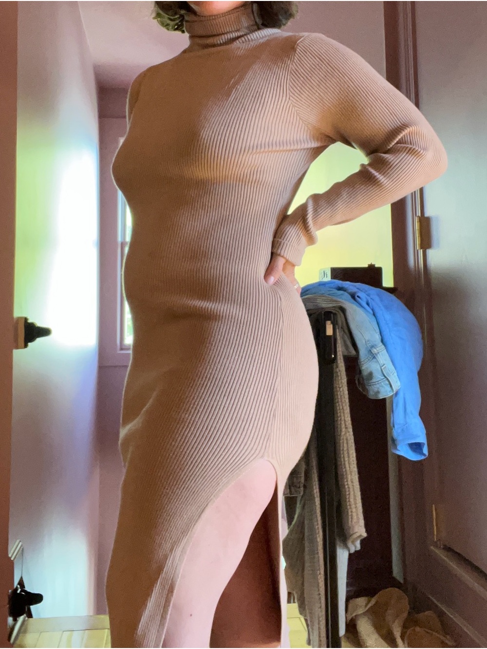 Altar'd State Ribbed Turtleneck High-Low Dress in Tan